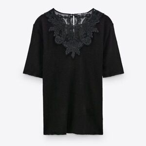 Zara Women’s Black Lace Neckline Short Sleeves Blouse Top - Size Small